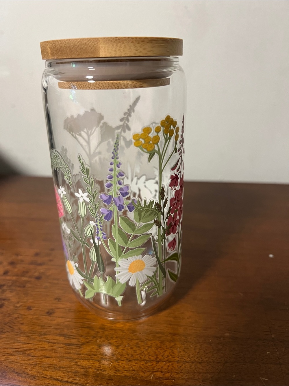 Clear Floral Glass Canister with Bamboo Lid